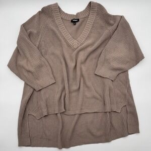 Express Women's Oversized V-Neck Shaker Knit Sweater Taupe Brown High Low XL
